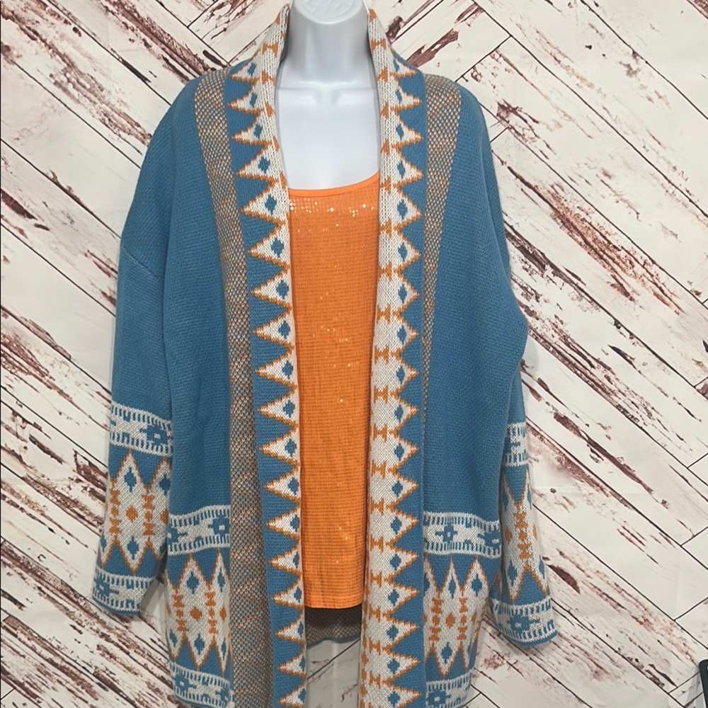 Source Unknown Blue and Orange Geometric Open-Front Cardigan